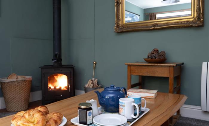Tea tray in Snowdonia holiday cottage with woodburner